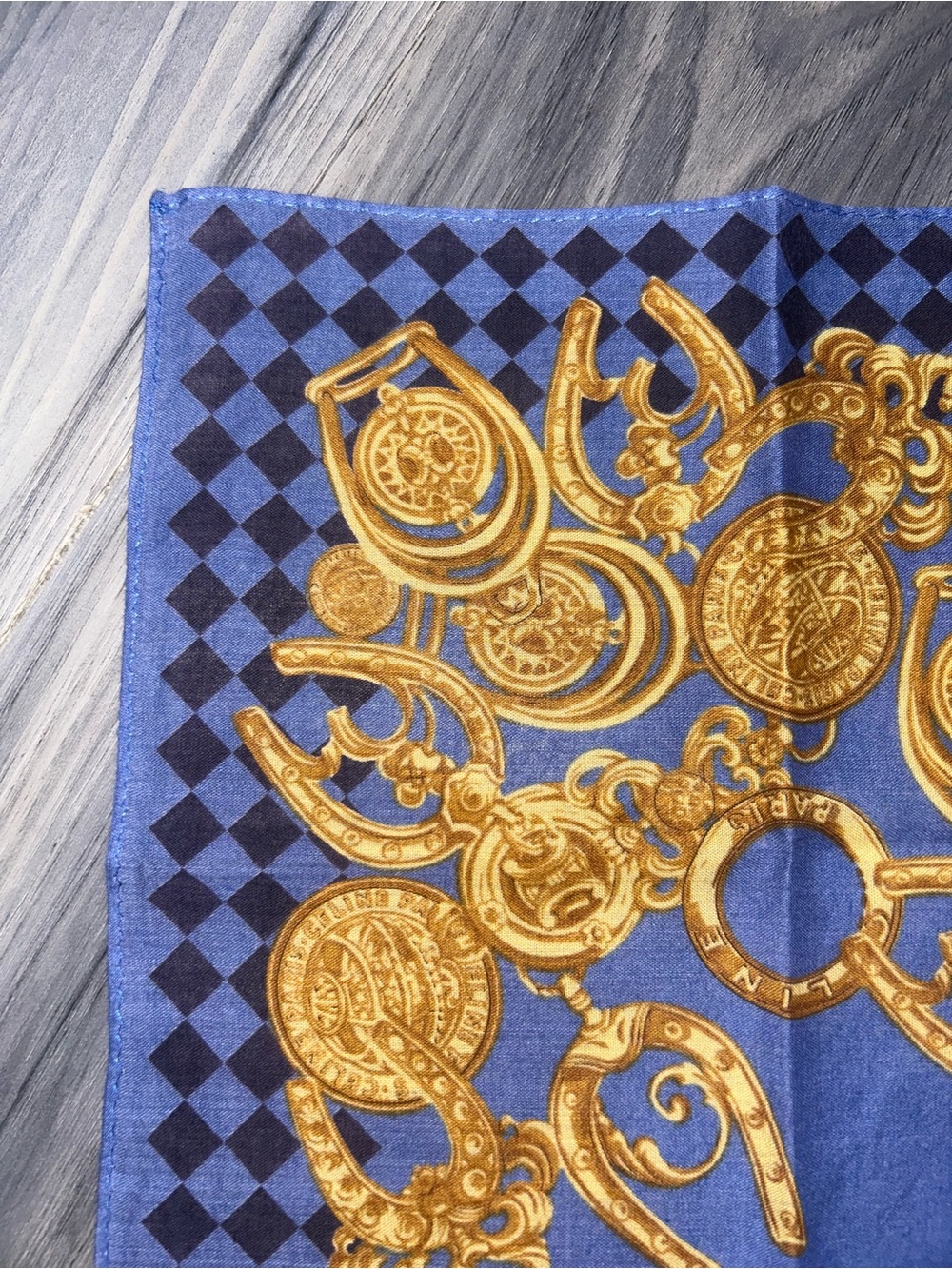 Vintage Celine Blue Cotton Handkerchief with Gold Medallion Design - Picture 7 of 11